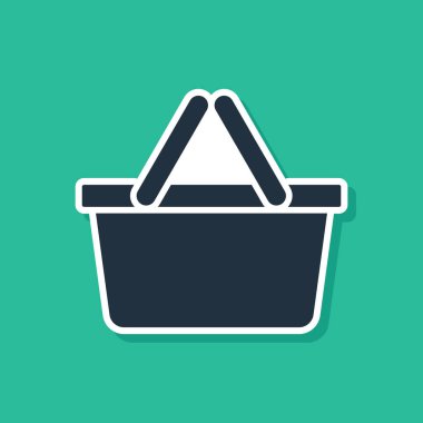 Mavi alışveriş sepeti simgesi yeşil arka planda izole. Online satın alma kavramı. Teslimat hizmeti işareti. Alışveriş sepeti sembolü. Vektör Illustration