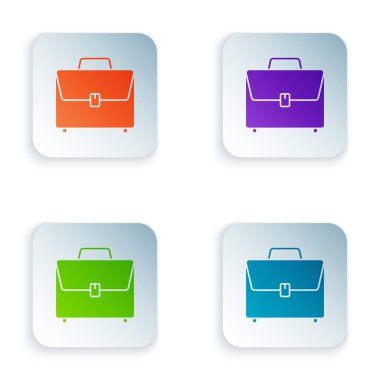 Beyaz arka planda izole renkli evrak çantası simgesi. İş davası işareti. İş portföyü. Renkli kare düğmeleri simgeleri ayarlayın. Vektör Illustration