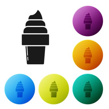 Beyaz arka planda izole gözleme koni simgesinde siyah dondurma. Tatlı sembolü. Simgeler renkli daire düğmelerini ayarlayın. Vektör Illustration