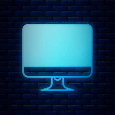 Parlayan neon bilgisayar ekran simgesi tuğla duvar arka planında izole edildi. Elektronik cihaz. Ön manzara. Vektör İllüstrasyonu