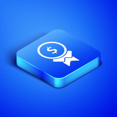 Mavi arka planda izole iyi iş simgesi için izometrik ödül. Ayın çalışanı, Yetenek Ödülü, üstün başarı, başarılı kişi. Mavi kare düğmesi. Vektör Illustration