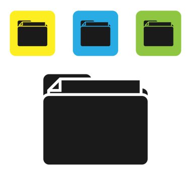 Siyah belge klasör simgesi beyaz arka planda yalıtılmış. Muhasebe bağlayıcı sembolü. Defter tutma yönetimi. Set simgeleri renkli kare düğmeler. Vektör Illustration