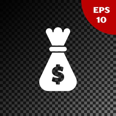 Beyaz para çantası simgesi şeffaf koyu arka planda izole. Dolar veya USD sembolü. Nakit bankacılık para birimi işareti. Vektör Illustration