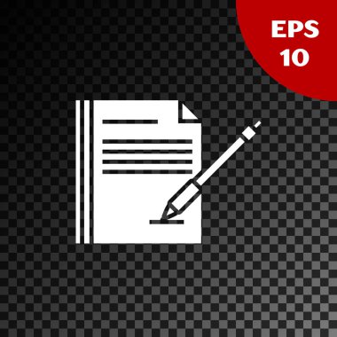 Beyaz boş Notebook ve kalem simgesi şeffaf koyu arka planda yalıtılmış. Kağıt ve kalem. Vektör Illustration