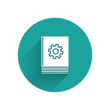 Beyaz Kullanıcı manuel simgesi uzun gölge ile yalıtılmış. Kullanım Kılavuzu kitabı. Yönerge işareti. Kullanmadan önce okuyun. Yeşil daire düğmesi. Vektör Illustration