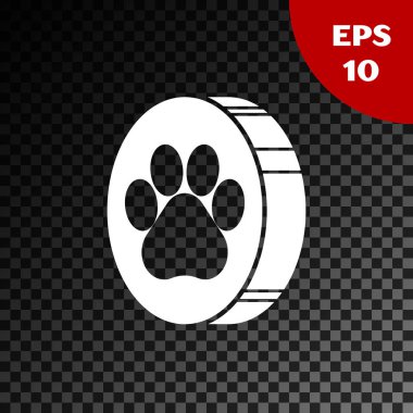 Beyaz Paw baskı simgesi şeffaf koyu arka planda izole. Köpek veya kedi pençe baskı. Hayvan parkuru. Vektör Illustration