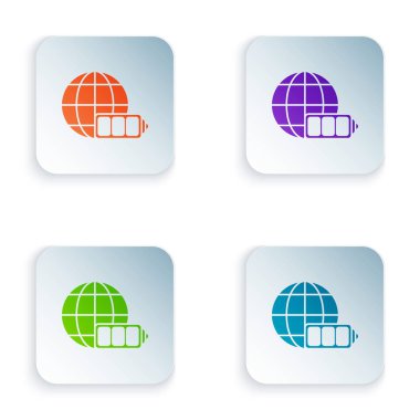 Beyaz arka planda izole toprak küre simgesi ile renkli pil şarj seviyesi göstergesi. Dünya veya dünya tabelası. Renkli kare düğmeleri simgeleri ayarlayın. Vektör Illustration