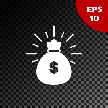 Beyaz para çantası simgesi şeffaf koyu arka planda izole. Dolar veya USD sembolü. Nakit bankacılık para birimi işareti. Vektör Illustration