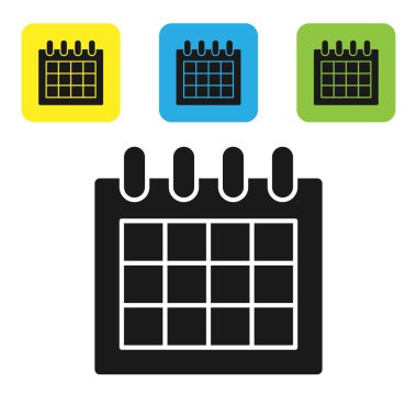 Siyah takvim simgesi beyaz arka planda yalıtılmış. Olay hatırlatma sembolü. Set simgeleri renkli kare düğmeler. Vektör Illustration