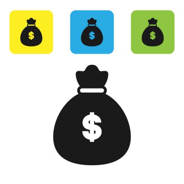 Siyah para çantası simgesi beyaz arka planda izole. Dolar veya USD sembolü. Nakit bankacılık para birimi işareti. Set simgeleri renkli kare düğmeler. Vektör Illustration