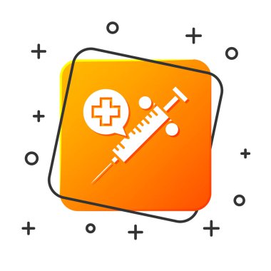 Beyaz arka planda izole iğne simgesi olan beyaz tıbbi şırınga. Aşılama, enjeksiyon, aşı, insülin kavramı. Turuncu kare düğmesi. Vektör Illustration