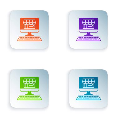 Renkli alışveriş bina ekran bilgisayar simgesi beyaz arka planda izole. Konsept e-ticaret, e-iş, online iş pazarlama. Renkli kare düğmeleri simgeleri ayarlayın. Vektör Illustration