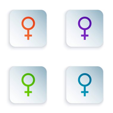 Beyaz arka planda izole renkli kadın cinsiyet sembolü simgesi. Venüs sembolü. Kadın organizma veya kadının sembolü. Renkli kare düğmeleri simgeleri ayarlayın. Vektör Illustration