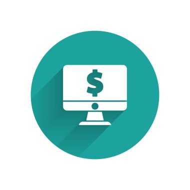 Beyaz bilgisayar monitör dolar sembol simgesi ile uzun gölge izole. Online alışveriş konsepti. Internet, pazarlama kazançlar. Yeşil daire düğmesi. Vektör Illustration