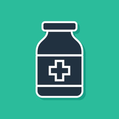 Mavi İlaç Şişesi simgesi yeşil arka planda izole edildi. Şişe hapı işareti. Eczane tasarımı. Vektör İllüstrasyonu