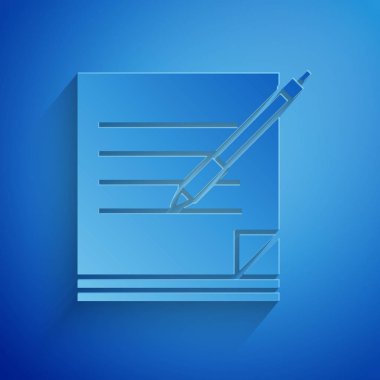 Kağıt kesilmiş boş dizüstü bilgisayar ve kalem simgesi mavi arka planda yalıtılmış. Kağıt ve kalem. Kağıt sanatı tarzı. Vektör Illustration