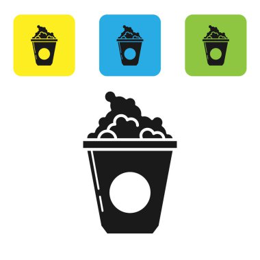 Siyah Popcorn karton kutu simgesi beyaz arka planda izole. Patlamış mısır kutusu. Set simgeleri renkli kare düğmeler. Vektör Illustration