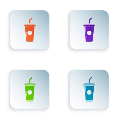 Beyaz arka planda izole saman ve su simge içme ile renkli kağıt cam. Soda içecek bardağı. Taze soğuk içecek sembolü. Renkli kare düğmeleri simgeleri ayarlayın. Vektör Illustration