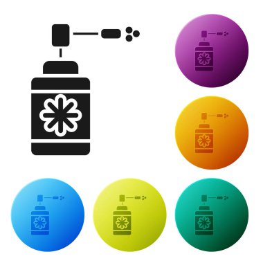 Beyaz arka planda izole burun ve boğaz simgesi hastalıkları tedavisi için nozul sprey ile siyah tıbbi şişe. Simgeler renkli daire düğmelerini ayarlayın. Vektör Illustration