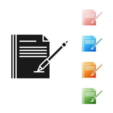 Siyah boş dizüstü ve kalem simgesi beyaz arka planda yalıtılmış. Kağıt ve kalem. Simgeler renkli ayarlayın. Vektör Illustration