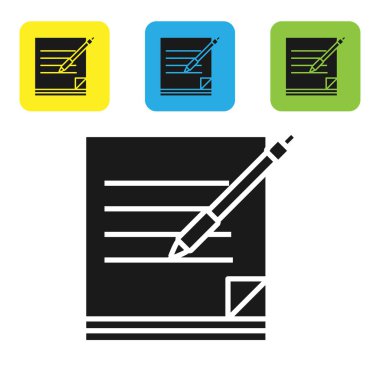 Siyah boş dizüstü ve kalem simgesi beyaz arka planda yalıtılmış. Kağıt ve kalem. Set simgeleri renkli kare düğmeler. Vektör Illustration