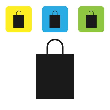 Siyah Kağıt alışveriş çantası simgesi beyaz arka planda izole. Paket işareti. Set simgeleri renkli kare düğmeler. Vektör Illustration