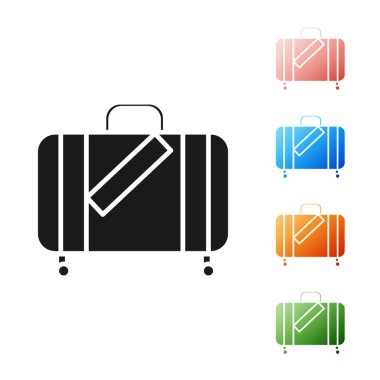 Siyah bavul seyahat ve çıkartmalar simgesi beyaz arka planda izole. Seyahat Bagaj işareti. Seyahat Bagaj simgesi. Simgeler renkli ayarlayın. Vektör Illustration