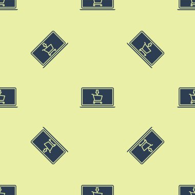 Mavi alışveriş sepeti üzerinde ekran laptop simgesi izole Dikişsiz desen beyaz arka plan üzerinde. Konsept e-ticaret, e-iş, online iş pazarlama. Vektör Illustration