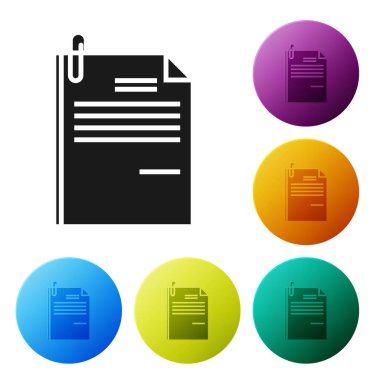 Siyah dosya belgesi ve kağıt klip simgesi beyaz arka planda yalıtılmış. Kontrol listesi simgesi. İş konsepti. Simgeler renkli daire düğmelerini ayarlayın. Vektör Illustration
