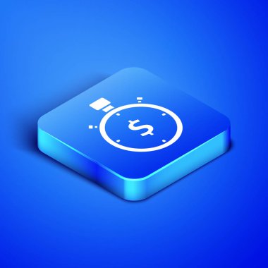 İzometrik zaman mavi arka planda izole para simgesi. Para zamanı. Etkili zaman yönetimi. Zaman para dönüştürün. Kronometre işareti. Mavi kare düğmesi. Vektör Illustration