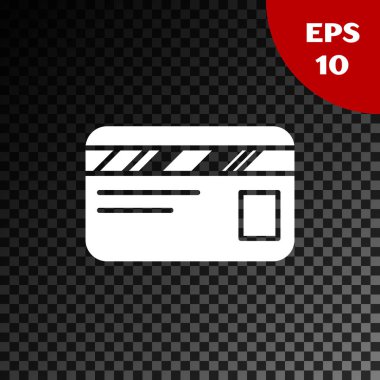 Beyaz kredi kartı simgesi şeffaf koyu arka planda yalıtılmış. Online ödeme. Nakit para çekme. Finansal operasyonlar. Alışveriş tabelası. Vektör Illustration