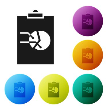 Beyaz arka planda izole grafik grafiği simgesi ile siyah Pano. Rapor metin dosyası simgesi. Hesap işareti. Denetim, analiz, planlama. Simgeler renkli daire düğmelerini ayarlayın. Vektör Illustration
