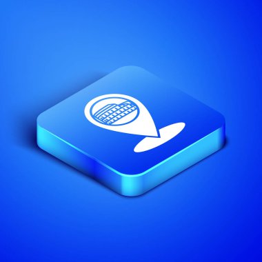 Roma 'da Coliseum ile izometrik harita işaretçisi, mavi arka planda izole Italya simgesi. Colosseum işareti. Antik Roma 'nın sembolü, gladyatör kavgaları. Mavi kare düğmesi. Vektör Illustration