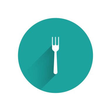 Beyaz çatal simgesi uzun gölge ile yalıtılmış. Çatal bıçak sembolü. Yeşil daire düğmesi. Vektör Illustration