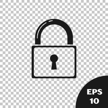 Siyah Kilit simgesi şeffaf arkaplanda izole edildi. Asma kilit işareti. Güvenlik, güvenlik, koruma, gizlilik kavramı. Vektör İllüstrasyonu