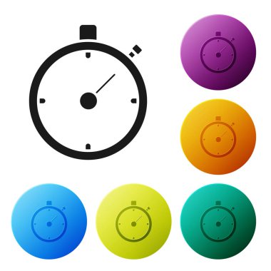 Siyah kronometre simgesi beyaz arka planda yalıtılmış. Zaman Zamanlayıcısı işareti. Kronometre işareti. Simgeler renkli daire düğmelerini ayarlayın. Vektör Illustration