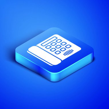 Mavi arka planda yalıtılmış izometrik telefon simgesi. Sabit telefon. Mavi kare düğmesi. Vektör Illustration