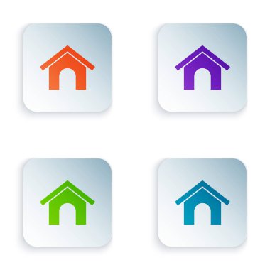 Beyaz arka planda izole renkli köpek evi simgesi. Köpek kulübesi. Renkli kare düğmeleri simgeleri ayarlayın. Vektör Illustration