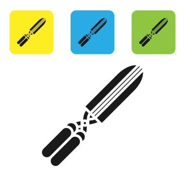 Siyah bahçe beyaz arka planda izole simgesi kırpma için el yapımı makas. Ahşap kolları ile budama makasları. Set simgeleri renkli kare düğmeler. Vektör Illustration
