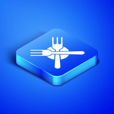 Mavi arka planda yalıtılmış izometrik çapraz çatal simgesi. Çatal bıçak sembolü. Mavi kare düğmesi. Vektör Illustration