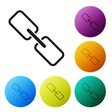 Siyah zincir bağlantı simgesi beyaz arka planda yalıtılmış. Tek bağlantı. Köprü zinciri sembolü. Simgeler renkli daire düğmelerini ayarlayın. Vektör Illustration