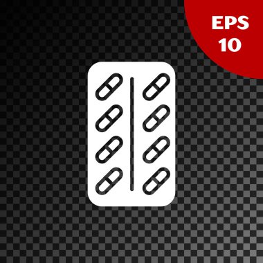 Şeffaf koyu arka planda izole blister paketi simgesinde beyaz Pills. Tablet için tıbbi ilaç paketi: vitamin, antibiyotik, aspirin. Vektör Illustration
