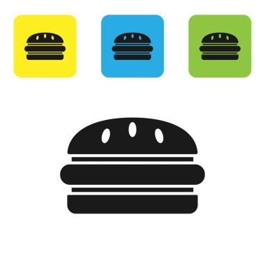 Siyah Burger simgesi beyaz arka planda izole. Hamburger simgesi. Cheeseburger sandviç işareti. Fast Food menüsü. Set simgeleri renkli kare düğmeler. Vektör Illustration
