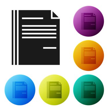 Siyah dosya belge simgesi beyaz arka planda yalıtılmış. Kontrol listesi simgesi. İş konsepti. Simgeler renkli daire düğmelerini ayarlayın. Vektör Illustration