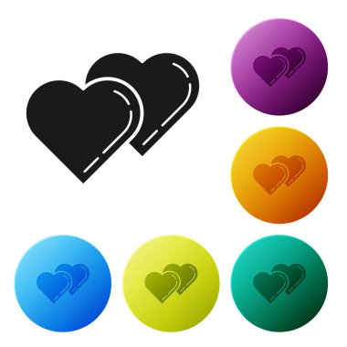 Siyah Iki bağlantılı Hearts beyaz arka planda izole simgesi. Romantik sembol bağlı, katılmak, tutku ve düğün. Sevgililer günü sembolü. Simgeler renkli daire düğmelerini ayarlayın. Vektör Illustration