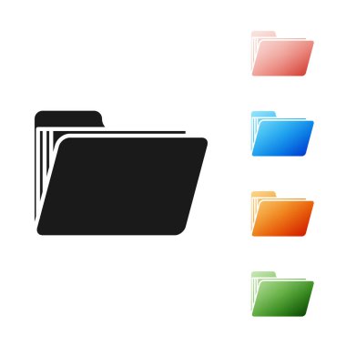 Beyaz arkaplanda Siyah Belge klasörü simgesi izole edildi. Muhasebe klasörü sembolü. Muhasebe yönetimi. Simgeleri renklendirin. Vektör İllüstrasyonu