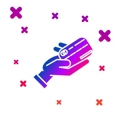 Renk ınsan el Beyaz arka planda izole kredi kartı simgesi ile tutarak. Online ödeme. Kart ile öde. Finansal operasyonlar. Degrade rasgele dinamik şekiller. Vektör Illustration