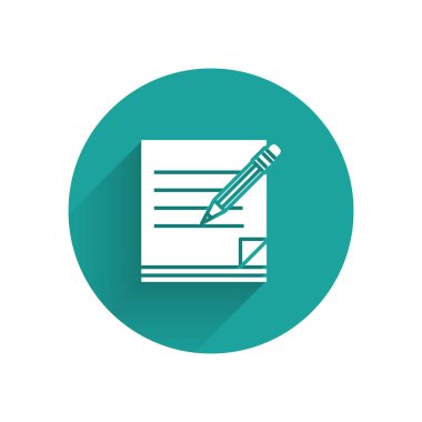 Beyaz boş Notebook ve kalem uzun gölge ile izole silgi simgesi ile. Kağıt ve kalem. Yeşil daire düğmesi. Vektör Illustration