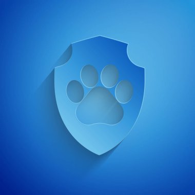 Kağıt kesim hayvan sağlık sigortası simgesi mavi arka planda izole. Pet koruma simgesi. Köpek veya kedi pençe baskı. Kağıt sanatı tarzı. Vektör Illustration