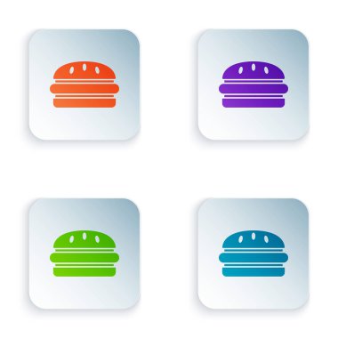 Beyaz arka planda izole renk Burger simgesi. Hamburger simgesi. Cheeseburger sandviç işareti. Fast Food menüsü. Renkli kare düğmeleri simgeleri ayarlayın. Vektör Illustration